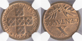 República Portuguesa - 10 Centavos 1952
República Portuguesa - 10 Centavos 1952, NGC MS63RB, A.G:10.12