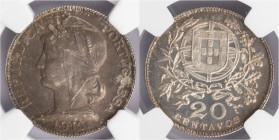 República Portuguesa - 20 Centavos 1913 Ensaio
República Portuguesa - 20 Centavos 1913 Ensaio, NGC MS65, Extramemente Rara, A.G:5.02
