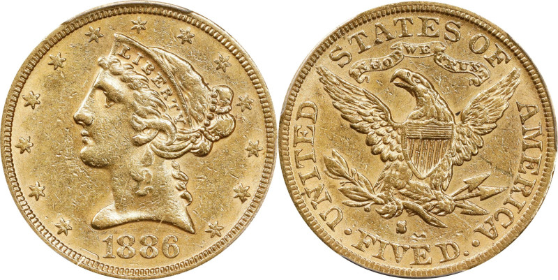 1886-S Liberty Head Half Eagle. AU-50 (PCGS).

PCGS# 8370. NGC ID: 25XV.

Es...