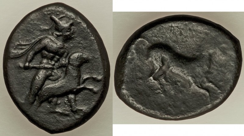 SICILY. Gela. Ca. 339-310 BC. AE litra (21mm, 9.90 gm, 4h). VF. Warrior standing...