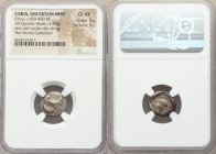 CARIA. Uncertain mint. Uvug or Orou (ca. 450-440 BC). AR quarter-stater or diobol (15mm, 2.95 gm, 2h). NGC Choice VF 5/5 - 3/5. Forepart of winged, ma...