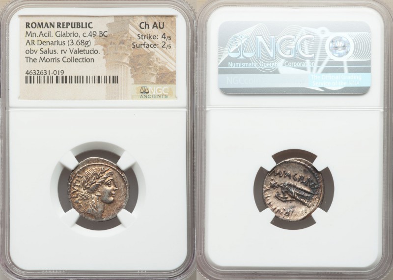 Mn. Acilius Glabrio (49 BC) AR denarius (19mm, 3.68 gm, 10h). NGC Choice AU 4/5 ...