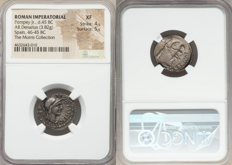 Gnaeus Pompey Junior (46-45 BC). AR denarius (20mm, 3.82 gm, 7h). NGC XF 4/5 - 5...