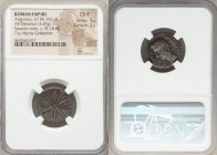 Augustus (27 BC-AD 14). AR denarius (19mm, 3.39 gm, 4h). NGC Choice Fine 5/5 - 2/5. Spain, Colonia Caesaraugusta (?), ca. 19-18 BC. CAESAR-AVGVSTVS, h...