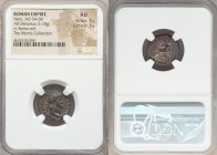 Nero (AD 54-68). AR denarius (17mm, 3.18 gm, 7h). NGC AU 5/5 - 3/5. Rome, ca. AD 64-65. NERO CAESAR-AVGVSTVS, laureate head of Nero right / ROMA, Roma...