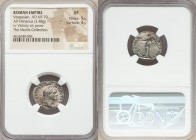 Vespasian (AD 69-79). AR denarius (19mm, 3.48 gm, 6h). NGC XF 5/5 - 4/5. Rome, AD 75. "Judaea Capta" type. IMP CAESAR-VESPASIANVS AVG, laureate head o...