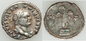 Titus, as Caesar (AD 79-81). AR denarius (19mm, 3.62 gm, 7h). XF. Rome, 76 AD. T CAESAR IMP-VESPASIANVS, laureate head of Titus right / COS-V, eagle s...