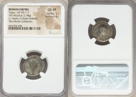 Trajan (AD 98-117). AR denarius (19mm, 2.98 gm, 7h). NGC Choice VF 5/5 - 4/5. Rome, AD 107. IMP TRAIANO AVG GER DAC P M TR P, laureate bust of Trajan ...