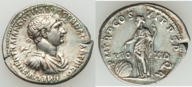 Trajan (AD 98-117). AR denarius (19mm, 3.41 gm, 6h). AU. Rome, AD 114-117. IMP CAES NER TRAIAN OPTIM AVG GER DAC PARTHICO, laureate and draped bust of...