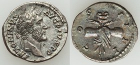 Antoninus Pius (AD 138-161). AR denarius (19mm, 3.45 gm, 7h). AU. Rome, AD 145-147. ANTONINVS - AVG PIVS P P, laureate head right / COS IIII, clasped ...