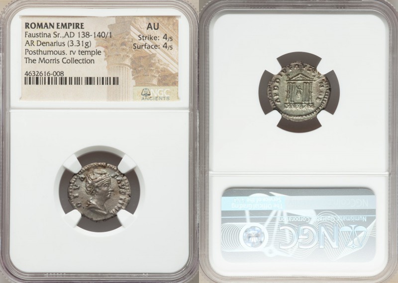 Diva Faustina Senior (AD 138-140/1). AR denarius (18mm, 3.31 gm, 6h). NGC AU 4/5...