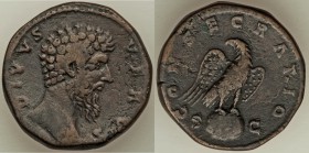 Divus Lucius Verus (AD 161-169). AE sestertius (31mm, 24.89 gm, 7h). About VF. Rome, AD 169. DIVVS-VERVS, bare head of Divus Lucius Verus right / CONS...