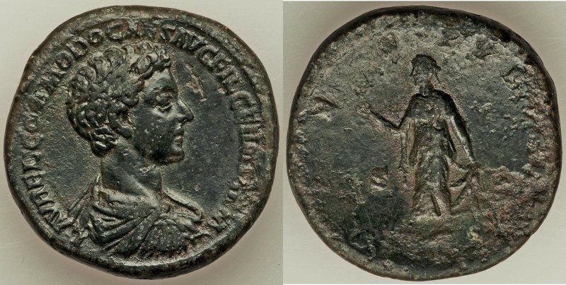Commodus, as Caesar (AD 166-177). AE sestertius (31mm, 26.26 gm, 11h). XF. Rome,...