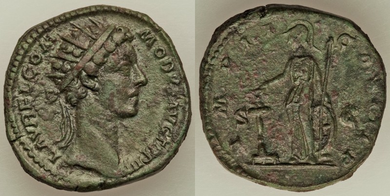 Commodus (AD 177-192). AE dupondius (24mm, 11.98 gm, 6h). VF. Rome, AD 179. L AV...
