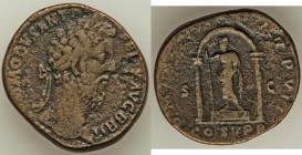 Commodus (AD 177-192). AE sestertius (30mm, 25.31 gm, 5h). About VF. Rome, AD 186. M COMMODVS ANT P-FELIX AVG BRIT, laureate head right / P M TR P XI ...