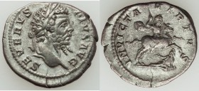 Septimius Severus (AD 193-211). AR denarius (20mm, 2.96 gm, 12h). VF. Rome, AD 202-210. SEVERVS PIVS AVG, laureate head right / INVICTA - VIRTVS, Sept...
