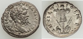Septimius Severus (AD 193-211). AR denarius (17mm, 3.03 gm, 1h). XF. Emesa, AD 194/5. IMP CAE L SEP SE-V PERT AVG COS II, laureate head right / INVICT...