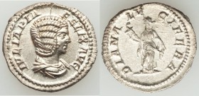 Julia Domna (AD 193-217). AR denarius (19mm, 2.37 gm, 1h). MS. Rome, AD 211-217. IVLIA PIA-FELIX AVG, draped bust of Julia Domna right, seen from fron...