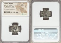Geta, as Caesar (AD 209-211). AR denarius (19mm, 3.72 gm, 6h). NGC AU 5/5 - 4/5. Rome. P SEPT GETA-CAES PONT, bareheaded, draped bust of Geta right, s...