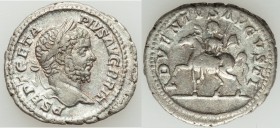 Geta, as Augustus (AD 209-211) AR denarius (19mm, 3.13 gm, 6h). VF. Rome, AD 210-212. P SEPT GETA PIVS AVG BRIT, laureate and bearded, head right / AD...