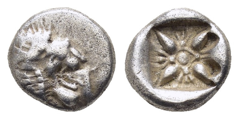 IONIA.Miletos.Circa 525-475 BC.AR Obol.

Obv : Forepart of lion left, head right...