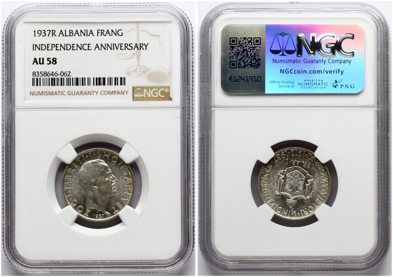 Albania. Zog I (1928-1939). 1 Frang Ar 1937 R, 25 years of independence. Silver....