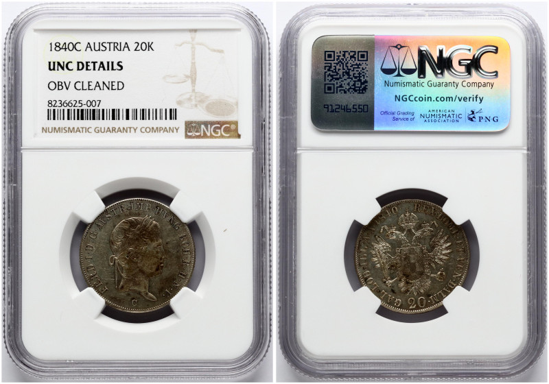 Austria. Ferdinand I (1835-1848). 20 Kreuzer 1840 C. Silver. KM 2208. NGC UNC DE...