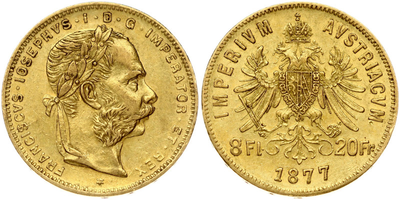 Austria 8 Florins-20 Francs 1877 Franz Joseph I(1848-1916). Obverse: Laureate he...