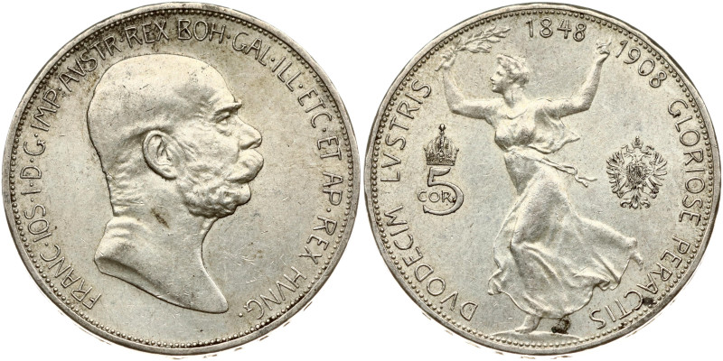 Austria 5 Corona 1908 Reign. Franz Joseph I (1848-1916). 60th Anniversary of the...