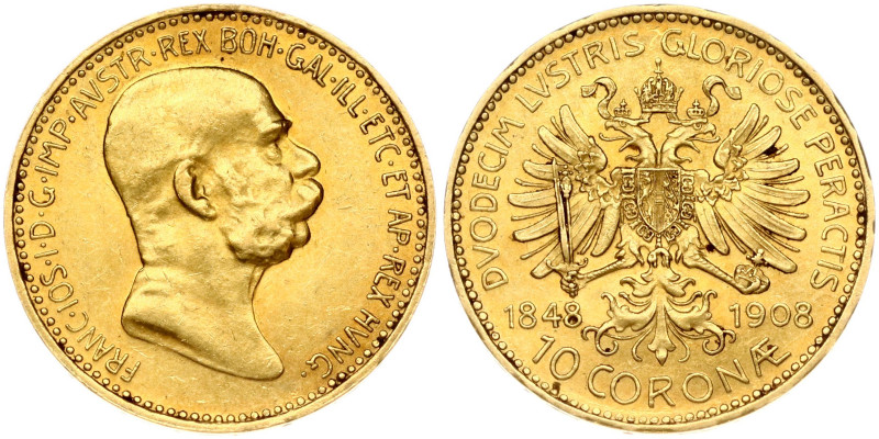 Austria 10 Corona 1908 Reign. Franz Joseph I (1848-1916). 60th Anniversary of th...