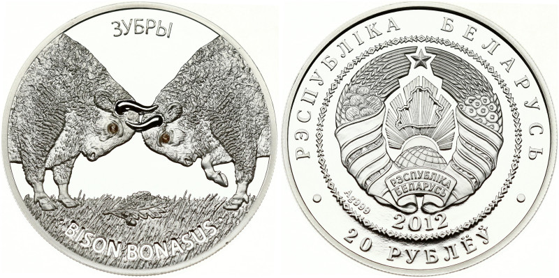 Belarus 20 Roubles 2012 European Bison. Silver .999 (two synthetic crystals), 31...