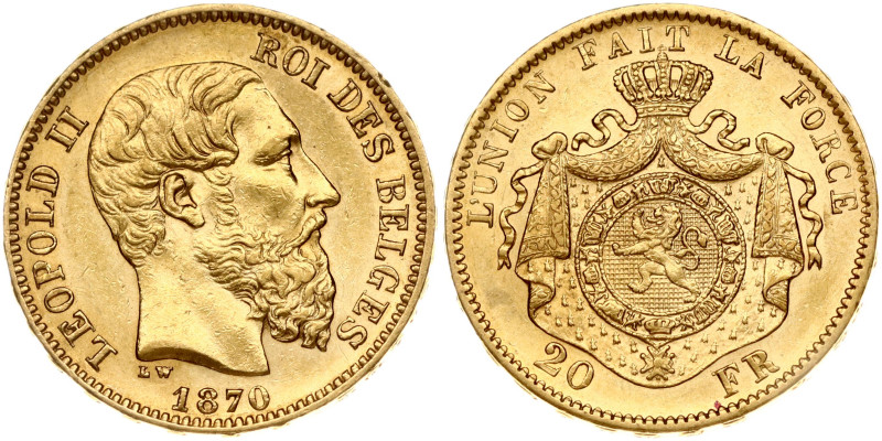 Belgium. Leopold II (1865-1909). 20 Francs 1870, heavy coarser beard. Gold 6.42 ...