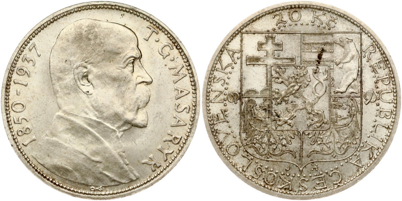Czechoslovakia. 20 Korun 1937, Death of President Masaryk. Silver 12.11 g. KM 18...