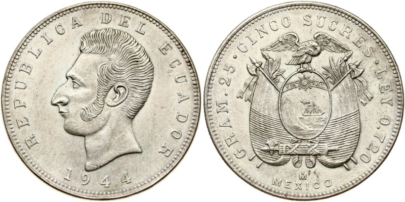 Ecuador. 5 Sucres 1944 Mo. Silver .720, 24.90 g. KM 79.