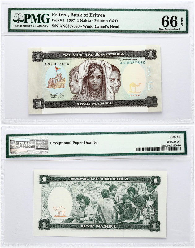 Eritrea. 1 Nakfa 1997. S/N AN6357580. Pick# 1. PMG 66 Gem Uncirculated EPQ