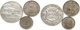 Estonia 1 Mark - 2 Krooni 1922- 1930 Lot of 3 coins