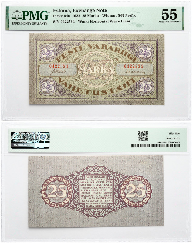 Estonia. 25 Marka ND (1922). S/N 0422534. Pick#54a. PMG 55 About Uncirculated.