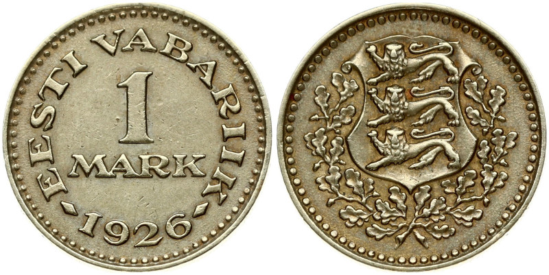 Estonia 1 Mark 1926 Obverse: National arms within wreath. Reverse: Denomination....