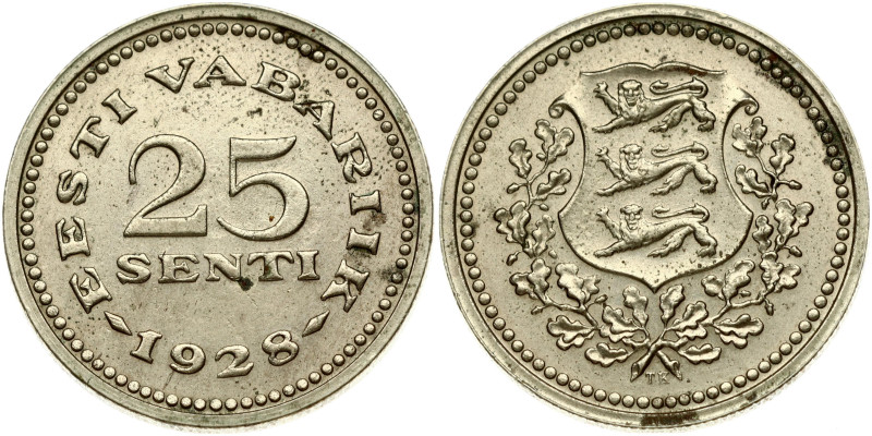 Estonia 25 Senti 1928 Obverse: National arms; wreath surrounds. Reverse: Denomin...