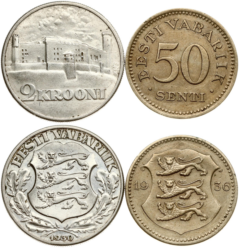 Estonia. 2 Krooni 1930 & 50 Senti 1936. Silver, nickel brass, total weight, 19.4...