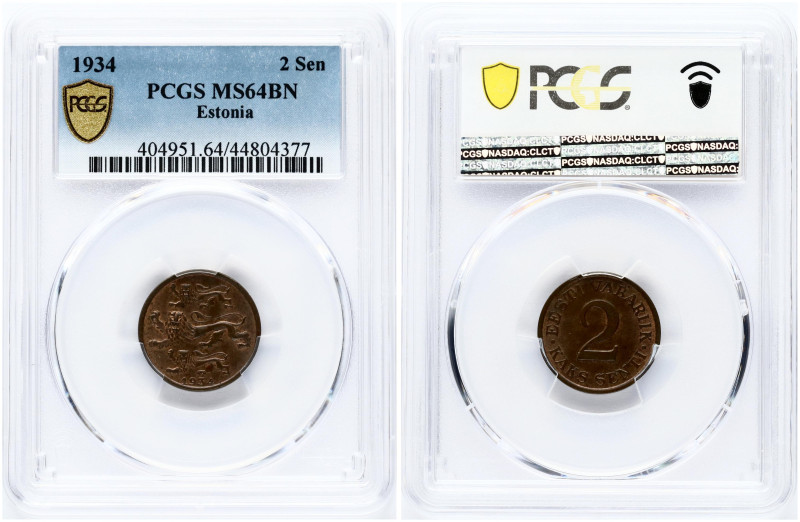 Estonia. 2 senti 1934. Bronze. KM 15. Kaupo Laan 16. PCGS MS 64 BN ONLY ONE COIN...