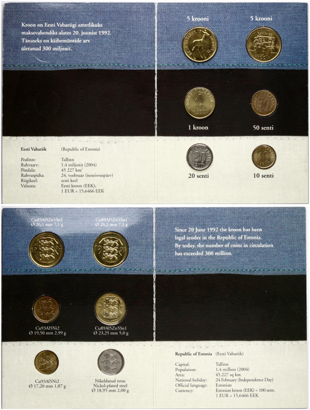 Estonia. 10 Senti - 5 Krooni 1992-2003 Set. Brass, nickel plated steel, copper-a...