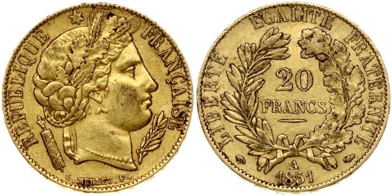 France 20 Francs 1851A Obverse: Liberty head with oak leaf wreath right. Reverse...