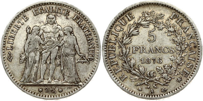 France 5 Francs 1876A Obverse: Hercules group. Reverse: Denomination within wrea...