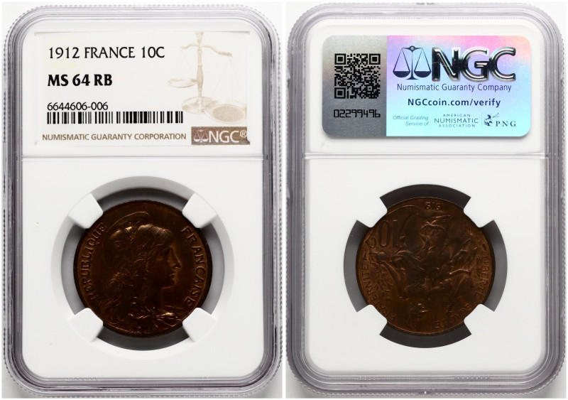 France. 10 Centimes 1912. Bronze. KM 843. NGC MS 64 RB. Only 3 coins in higher g...