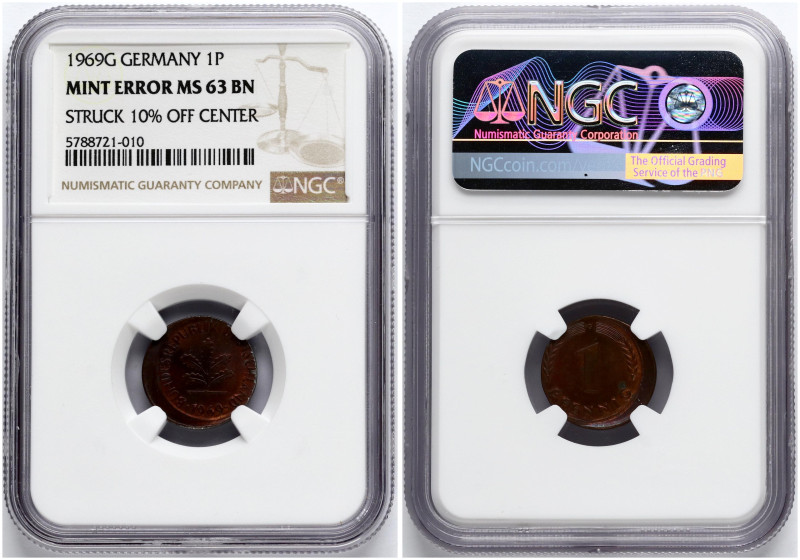 Germany, Federal Republic. 1 Pfennig 1969 G. Copper clad iron. KM 105. NGC MINT ...