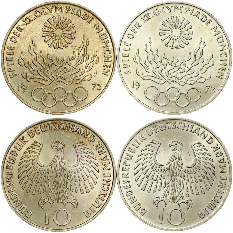 Germany, Federal Republic. 10 Mark 1972 D & 1972 G Olympic Games in Munich. 1972...