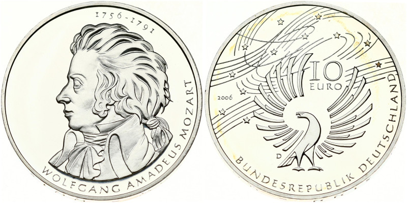 Germany 10 Euro 2006 Wolfgang Amadeus Mozart. Obverse Lettering: BUNDESREPUBLIK ...