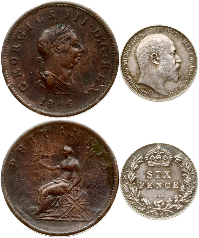 Great Britain. ½ Penny 1806 & 6 Pence 1902. Copper, silver, total weight, 12.05 ...