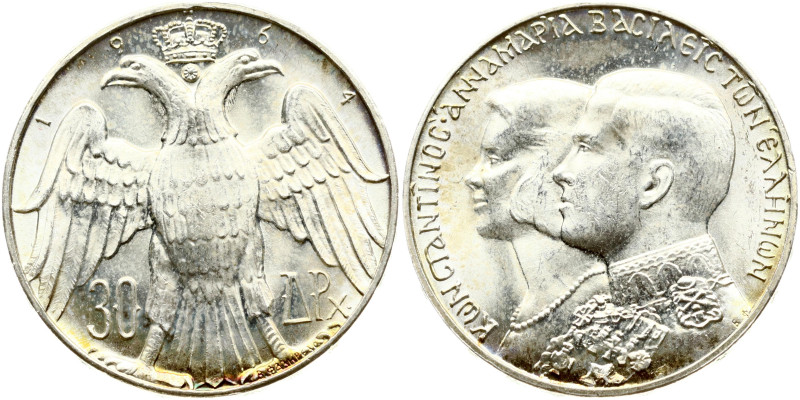 Greece. Constantine II (1964-1973). 30 Drachmai 1964 Royal Marriage. Silver .835...